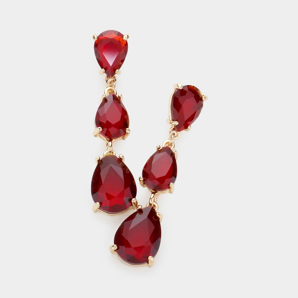 Red Stone Dangle Crystal Earrings 2.25 Inch Triple Tear Drop Jewelry
